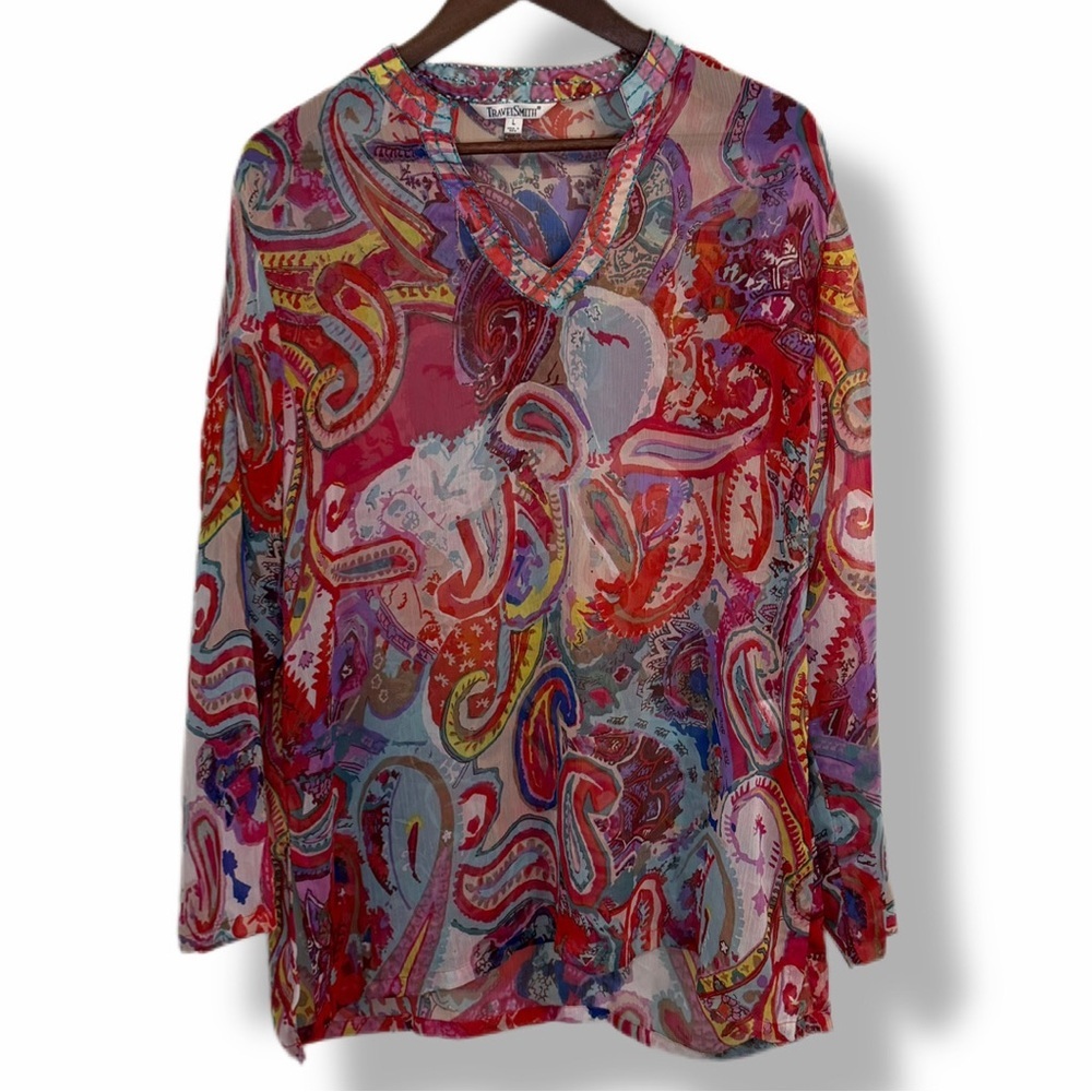 TravelSmith Sheer Paisley Tunic Blouse Size L Boho V-Neck Lightweight